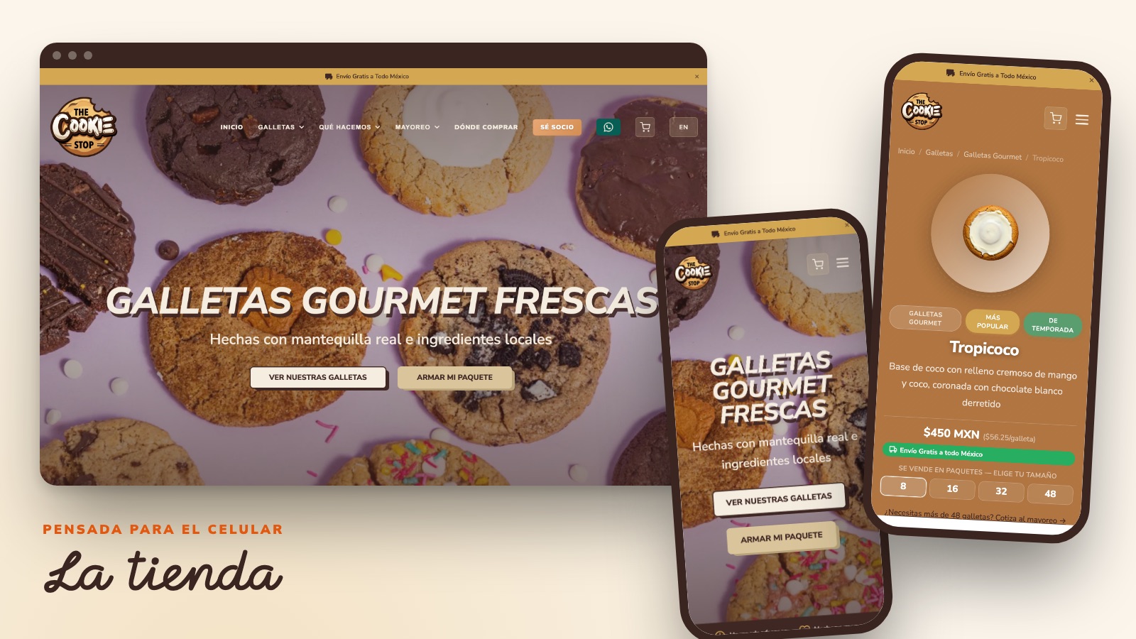 The Cookie Stop storefront on desktop and mobile, with the homepage and the Tropicoco product page